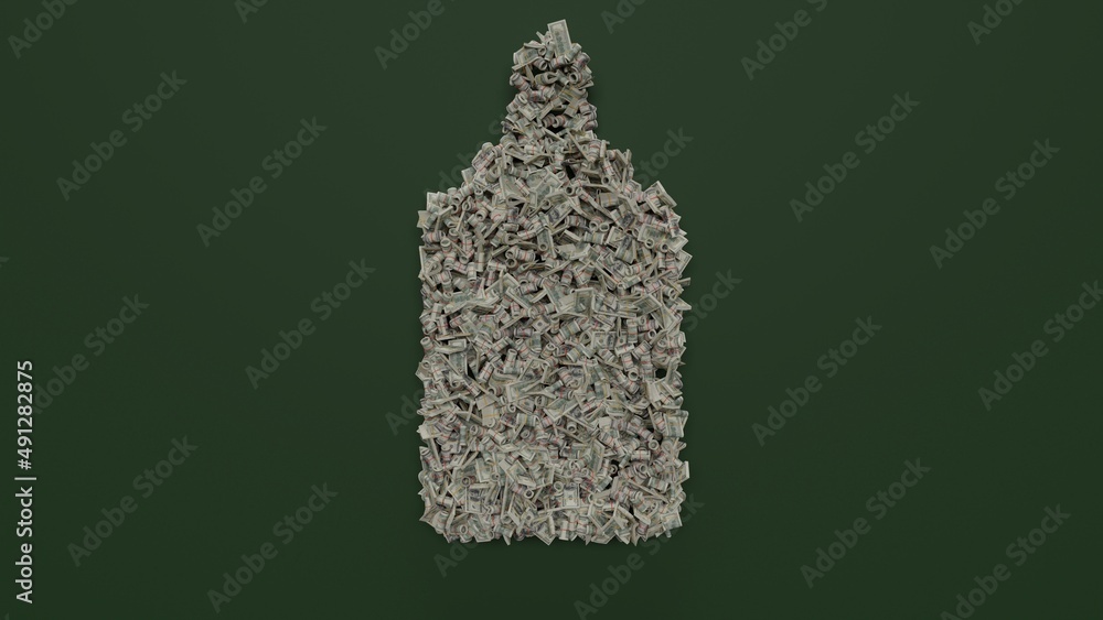 Poster 3d rendering of dollar cash rolls and stacks in shape of symbol of condiment on green background