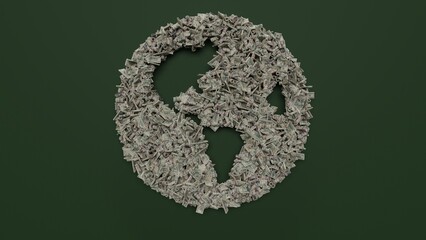 3d rendering of dollar cash rolls and stacks in shape of symbol of globe Americas on green background