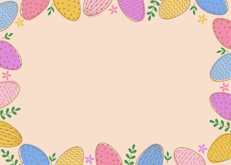 Horizontal frame of easter decorated eggs and leaves. Colorful eggs on pink background.