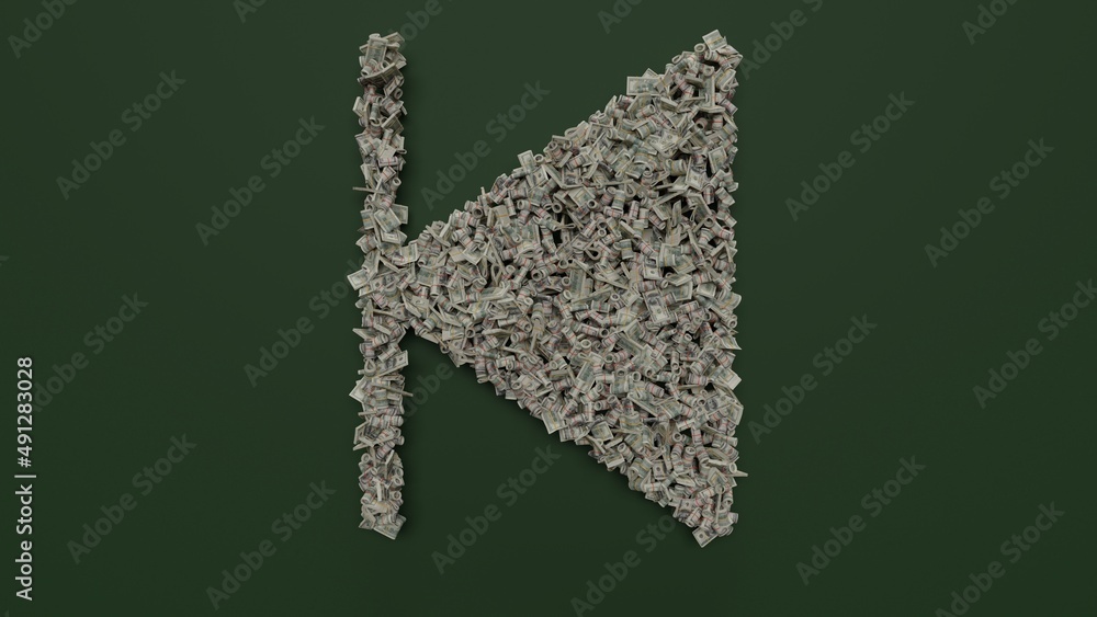 Poster 3d rendering of dollar cash rolls and stacks in shape of symbol of stop back left on green backgroun