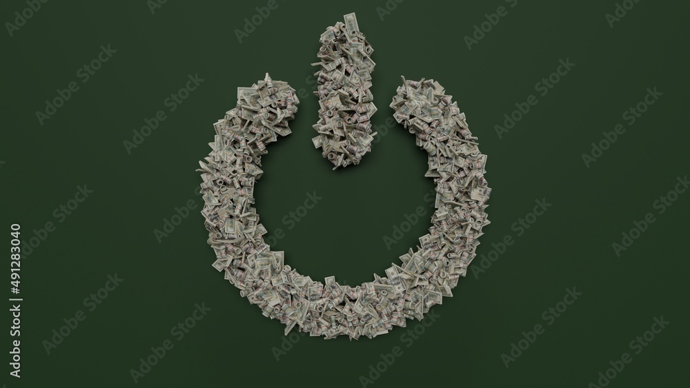 Poster 3d rendering of dollar cash rolls and stacks in shape of symbol of power on green background