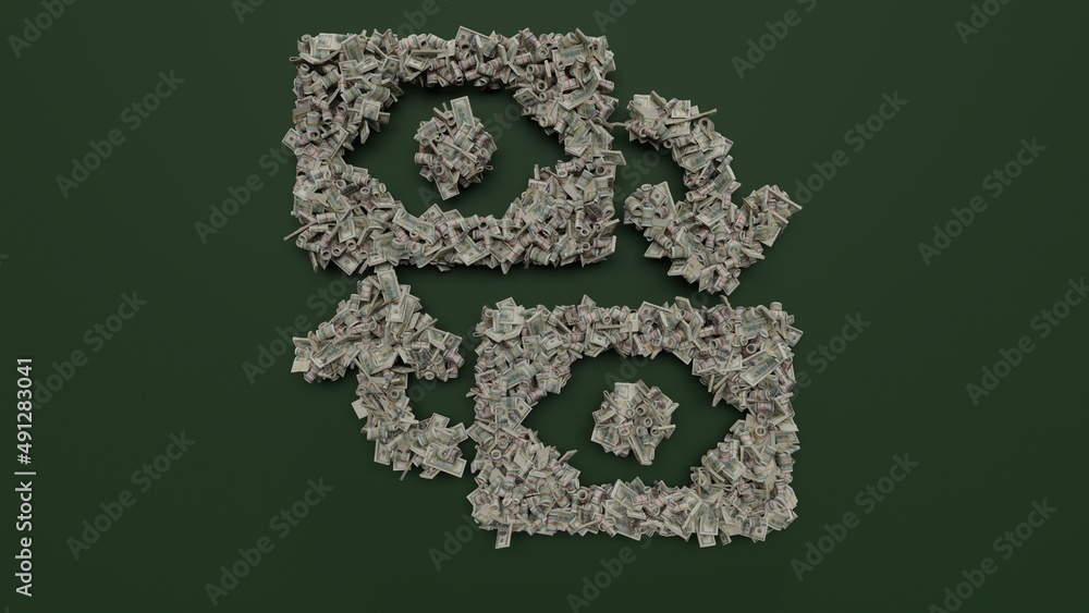 Poster 3d rendering of dollar cash rolls and stacks in shape of symbol of exchange on green background