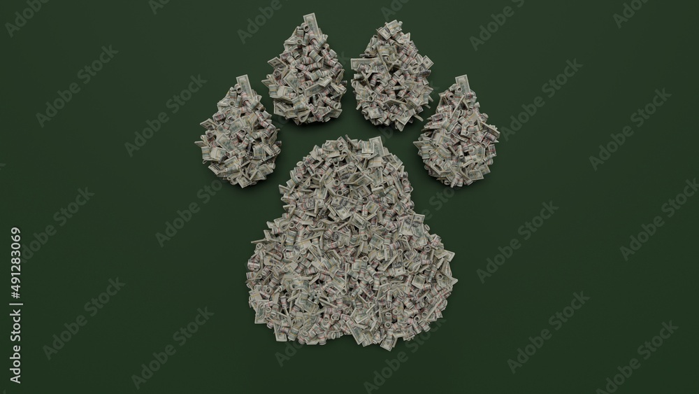 Poster 3d rendering of dollar cash rolls and stacks in shape of symbol of paw on green background