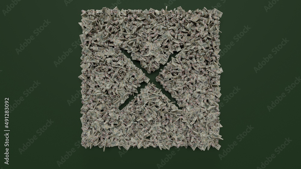 Poster 3d rendering of dollar cash rolls and stacks in shape of symbol of multiply 1 on green background