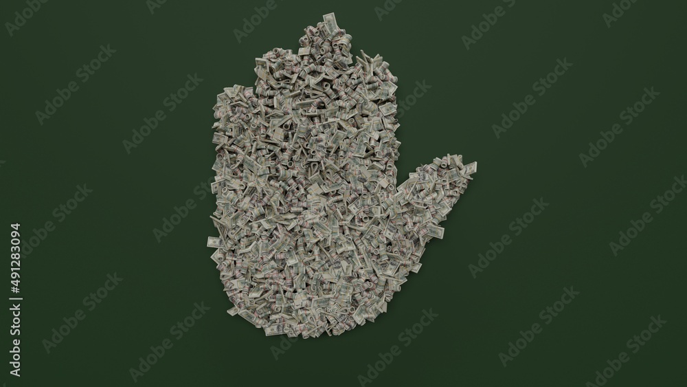 Poster 3d rendering of dollar cash rolls and stacks in shape of symbol of hold on green background