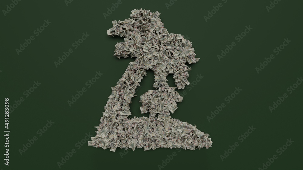 Aufkleber 3d rendering of dollar cash rolls and stacks in shape of symbol of island with palm trees on green b