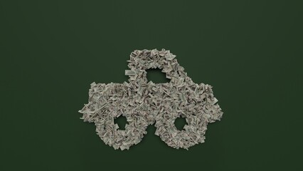 3d rendering of dollar cash rolls and stacks in shape of symbol of truck pickup on green background