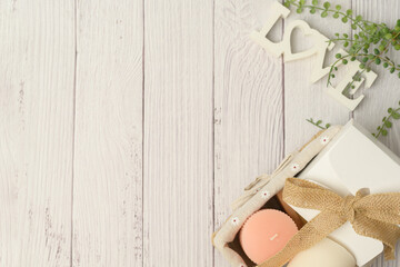  flowers with gift box on white background with copy space