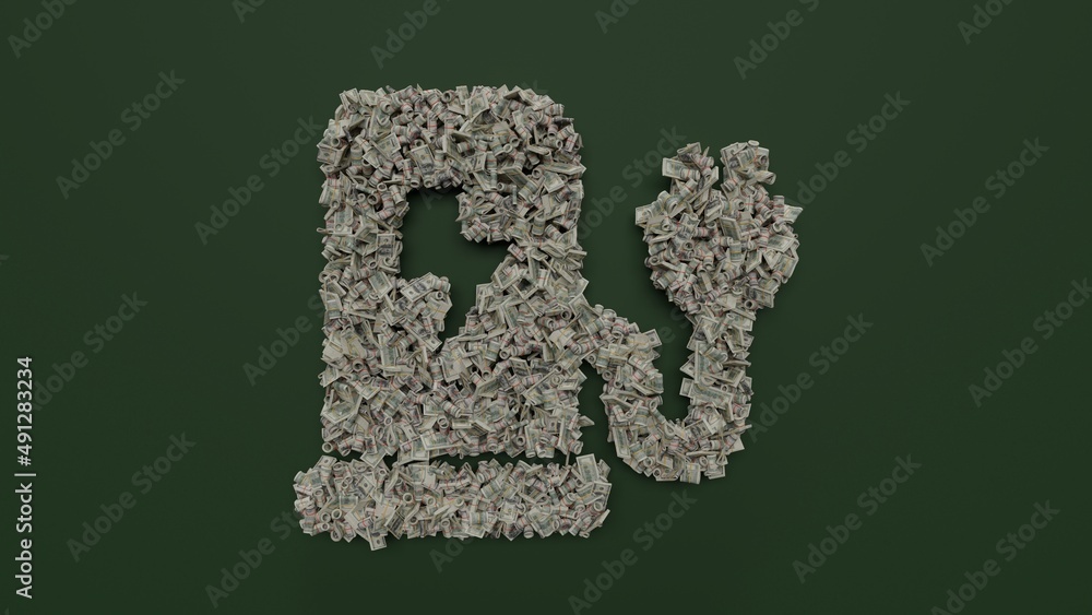 Poster 3d rendering of dollar cash rolls and stacks in shape of symbol of charging station on green backgro