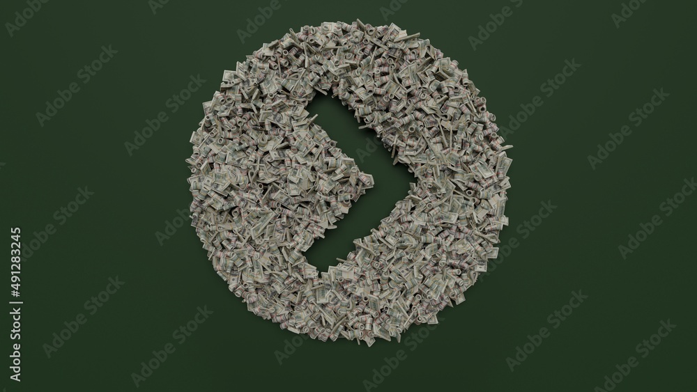 Poster 3d rendering of dollar cash rolls and stacks in shape of symbol of chevron circle right on green bac