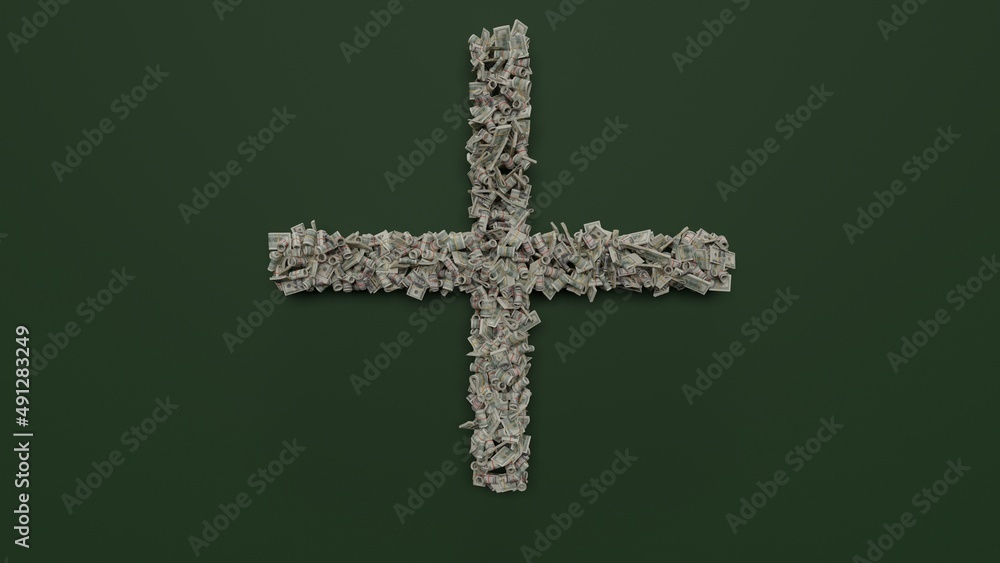 Poster 3d rendering of dollar cash rolls and stacks in shape of plus symbol on green background