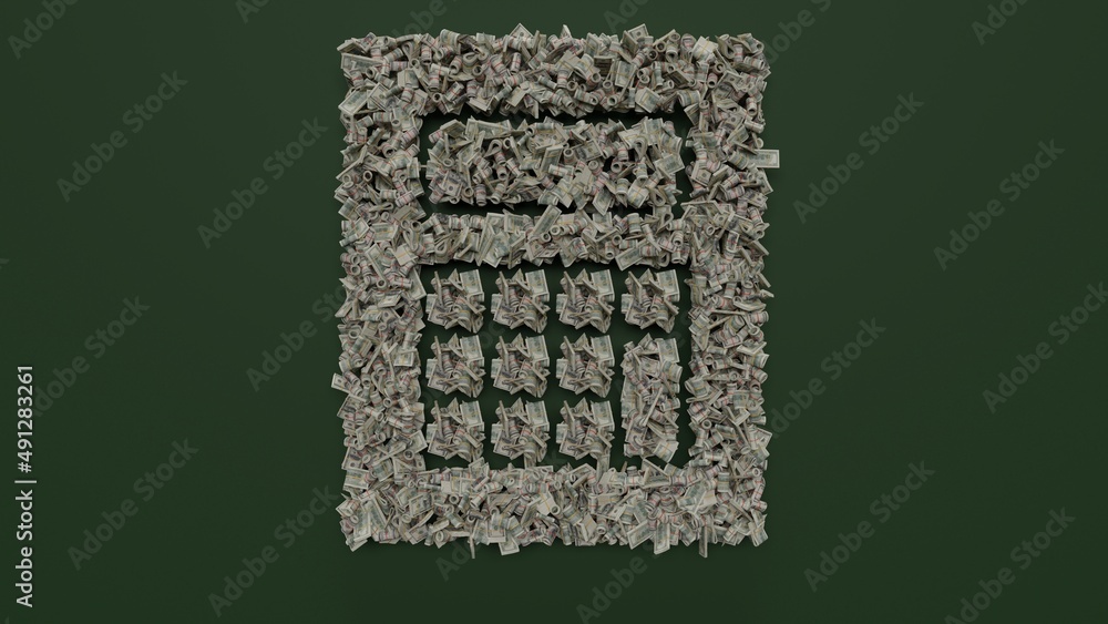 Poster 3d rendering of dollar cash rolls and stacks in shape of symbol of calculator on green background