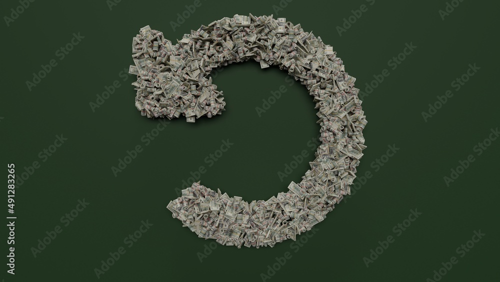 Poster 3d rendering of dollar cash rolls and stacks in shape of symbol of undo alt on green background