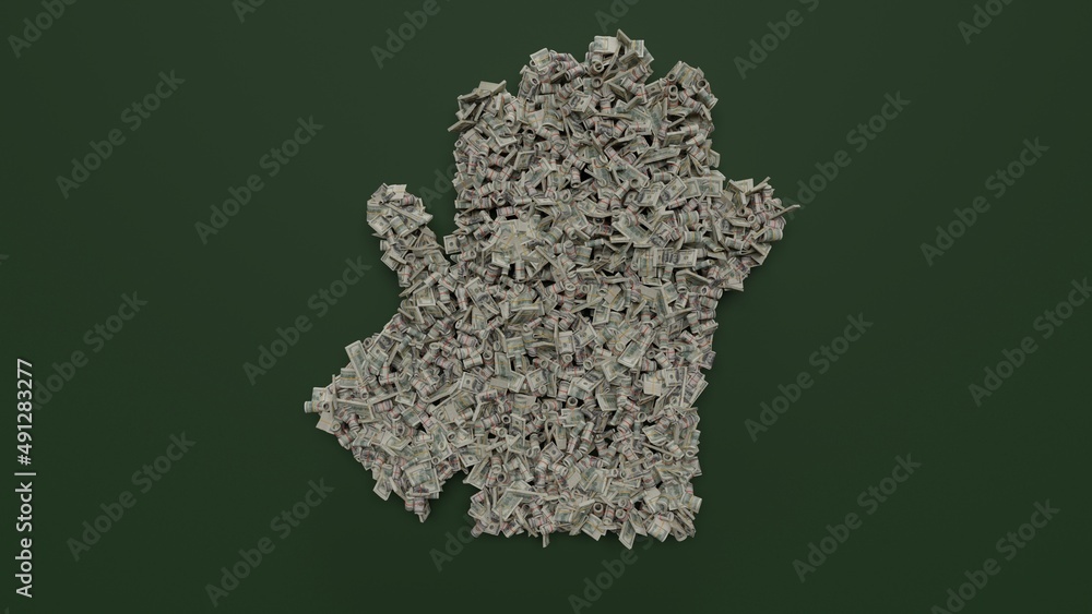 Poster 3d rendering of dollar cash rolls and stacks in shape of symbol of gloves on green background