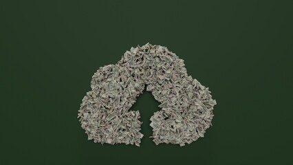 3d rendering of dollar cash rolls and stacks in shape of symbol of upload to cloud on green background