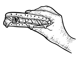 Hand is holding sandwich. Line art sketch picture. Hand drawn.