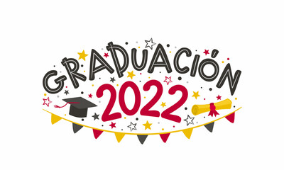 Spanish Doodle Logo for the 2022 graduate with a bachelor cap, rolled scroll, flags and stars. Vector illustration for badge or emblem. Isolated on white background. Translation: Graduation