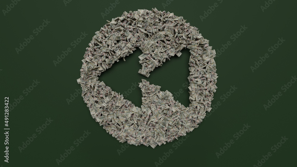 Poster 3d rendering of dollar cash rolls and stacks in shape of symbol of rewind on green background