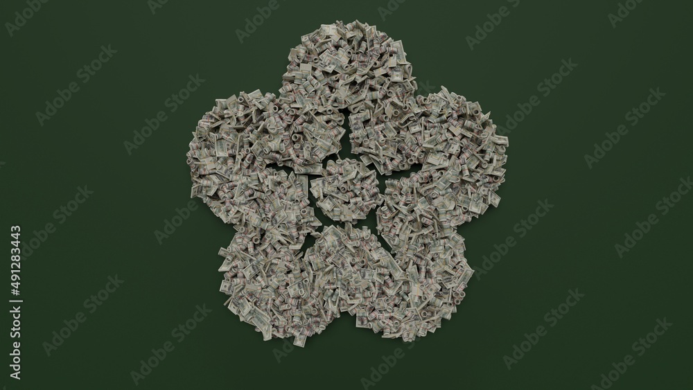 Poster 3d rendering of dollar cash rolls and stacks in shape of symbol of flower on green background