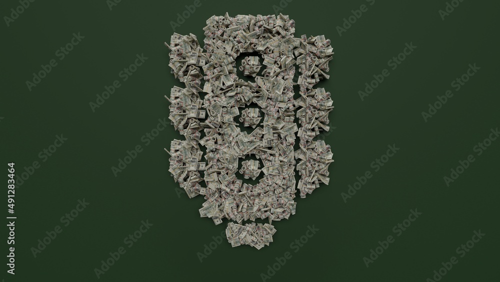 Poster 3d rendering of dollar cash rolls and stacks in shape of symbol of traffic lights on green backgroun