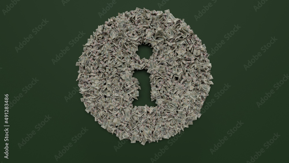 Poster 3d rendering of dollar cash rolls and stacks in shape of symbol of info circle on green background