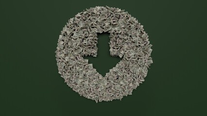 3d rendering of dollar cash rolls and stacks in shape of symbol of down arrow in circle on green background