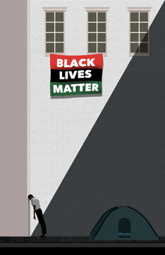 A homeless African American man leans in despair against a wll in an urban alley. A Black Lives Matter banner waves from windows above his tent in a 3-d illustration.