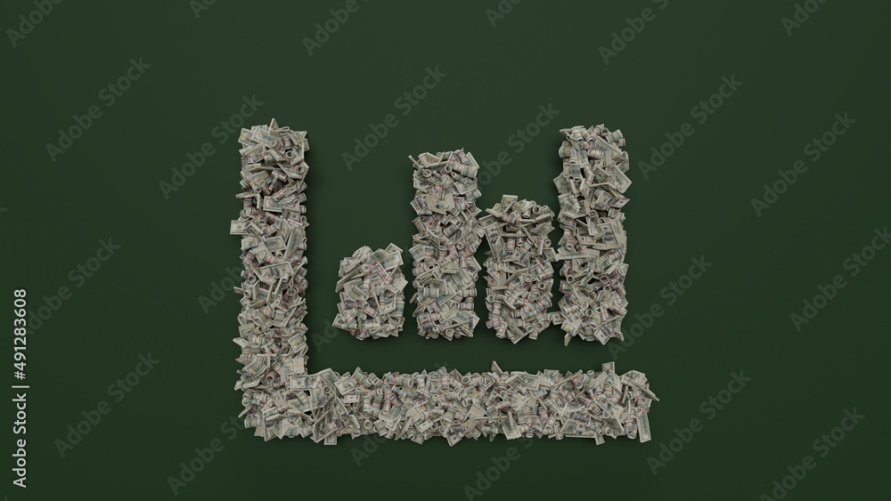Poster 3d rendering of dollar cash rolls and stacks in shape of symbol of chart bar on green background