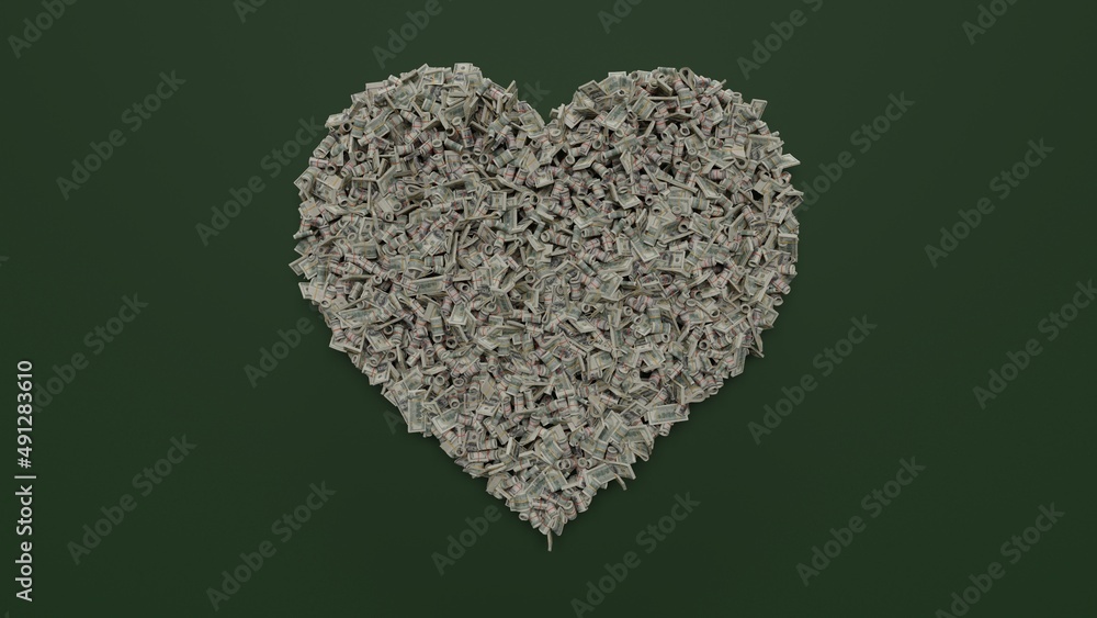 Poster 3d rendering of dollar cash rolls and stacks in shape of symbol of like on green background