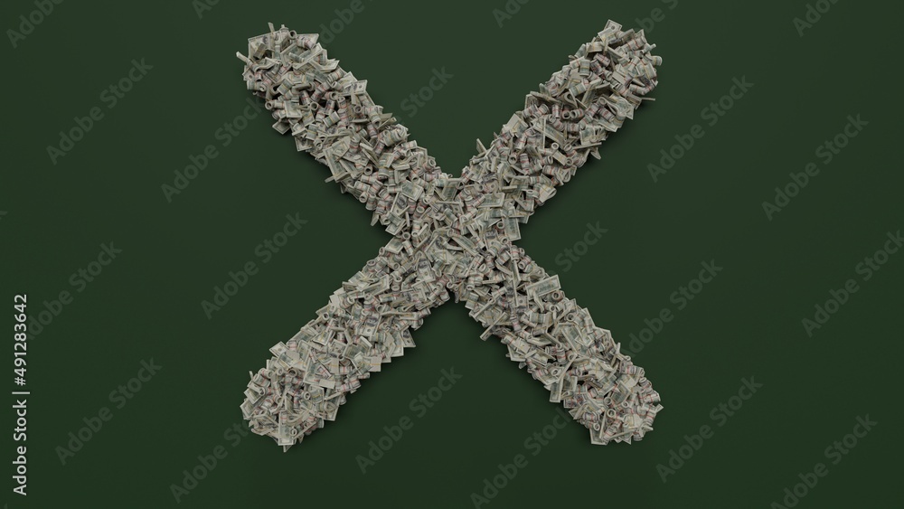 Poster 3d rendering of dollar cash rolls and stacks in shape of symbol of cancel on green background