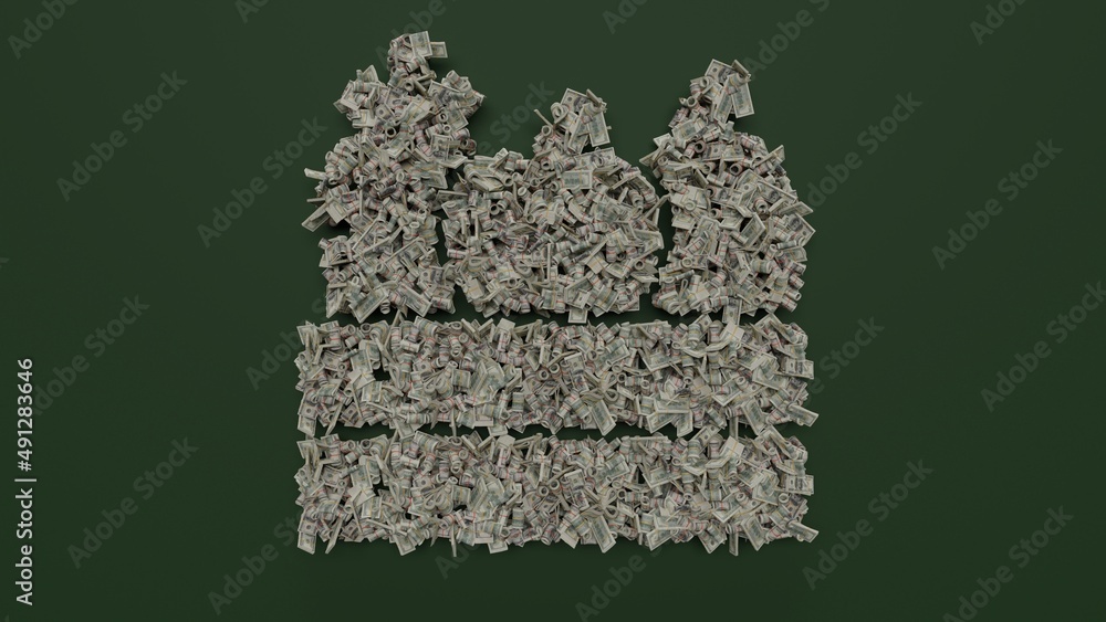 Poster 3d rendering of dollar cash rolls and stacks in shape of symbol of fruit and vegetable in box on gre