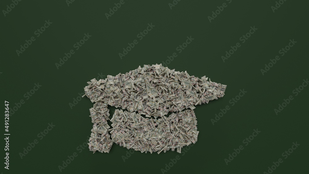 Poster 3d rendering of dollar cash rolls and stacks in shape of symbol of graduation cap on green backgroun