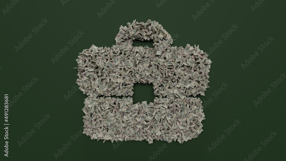 Poster 3d rendering of dollar cash rolls and stacks in shape of symbol of briefcase on green background