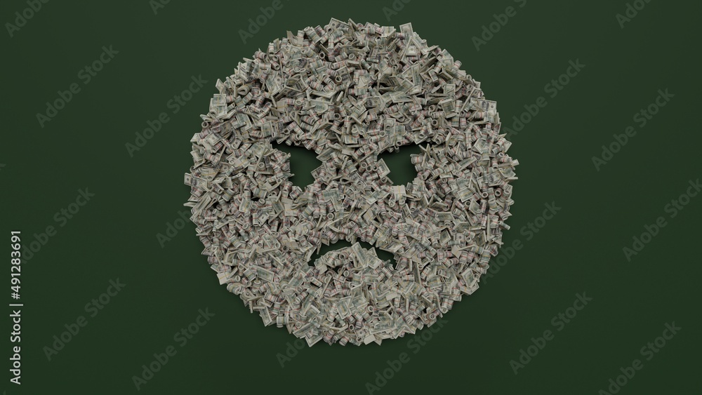 Poster 3d rendering of dollar cash rolls and stacks in shape of symbol of angry on green background
