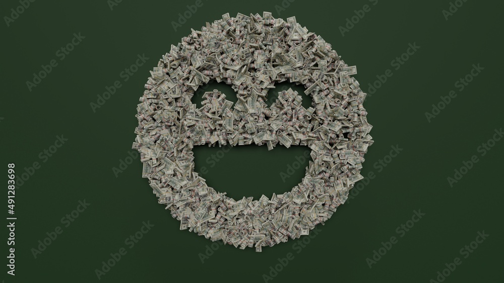 Poster 3d rendering of dollar cash rolls and stacks in shape of symbol of emoticons goofy on green backgrou