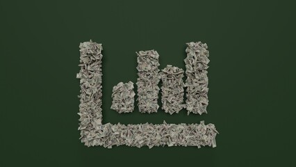 3d rendering of dollar cash rolls and stacks in shape of symbol of chart bar on green background