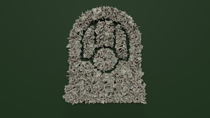 3d rendering of dollar cash rolls and stacks in shape of symbol of vintage radio on green background