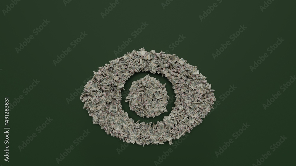 Poster 3d rendering of dollar cash rolls and stacks in shape of symbol of visibility button on green backgr