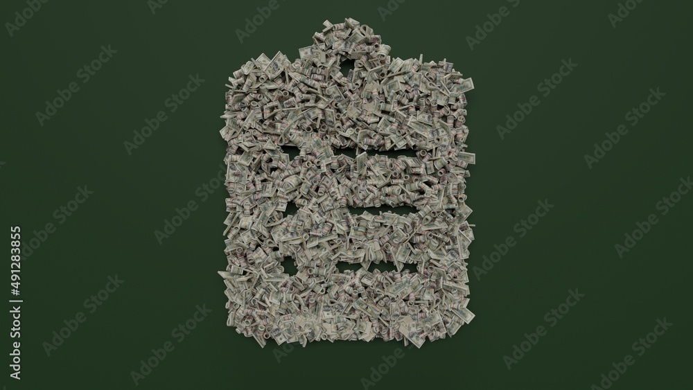 Poster 3d rendering of dollar cash rolls and stacks in shape of symbol of clipboard list on green backgroun