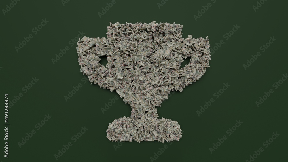 Poster 3d rendering of dollar cash rolls and stacks in shape of symbol of trophy on green background