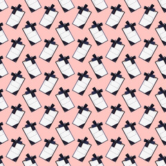 Seamless pattern with gift box on a pink background.