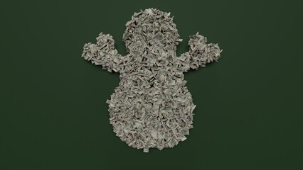 3d rendering of dollar cash rolls and stacks in shape of symbol of snowman on green background