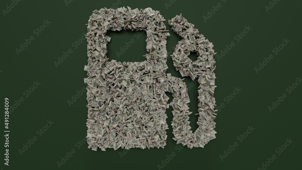 Poster 3d rendering of dollar cash rolls and stacks in shape of symbol of gas station on green background