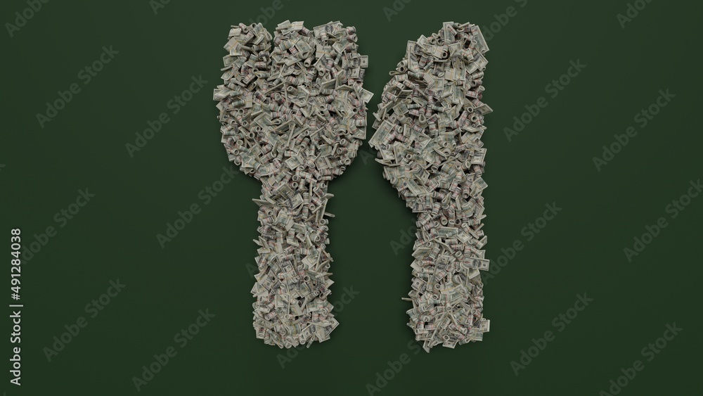 Poster 3d rendering of dollar cash rolls and stacks in shape of symbol of utensils on green background