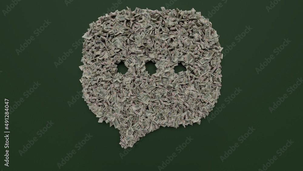 Poster 3d rendering of dollar cash rolls and stacks in shape of symbol of rounded chat bubble on green back