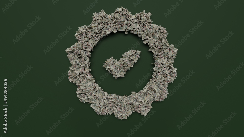 Poster 3d rendering of dollar cash rolls and stacks in shape of symbol of check on green background