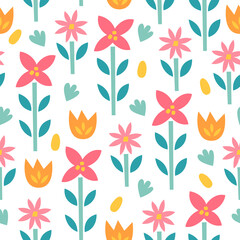 Floral seamless pattern with flowers, leaves, tulips. Scandinavian style