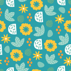 Floral seamless pattern with leaves, flowers, dots. Scandinavian style