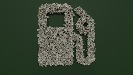 3d rendering of dollar cash rolls and stacks in shape of symbol of gas station on green background © Destrosvet