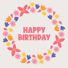 Floral greeting card with tulips, flowers, leaves on beige background